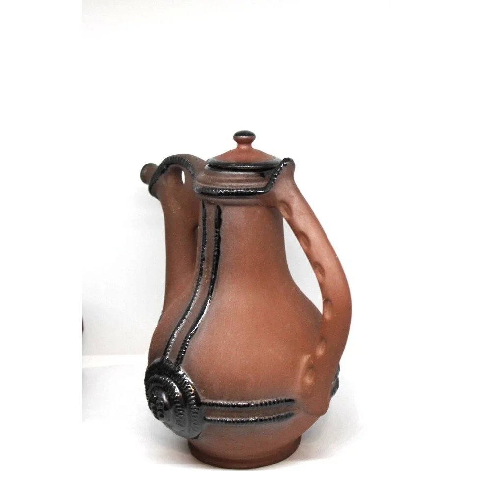 Bulgarian Clay Pottery Pitcher w/Sculptural Handle Decorative Elements 6 Mugs